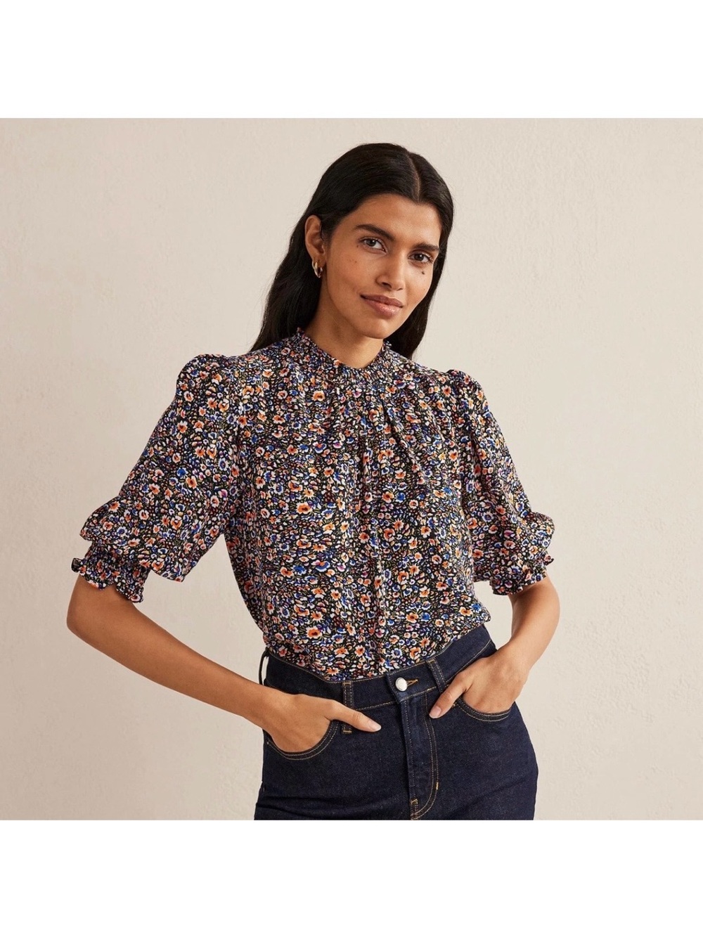 Boden Smocked Detail Printed Floral Top Blouse Eden Bloom US Size 14 Cottage